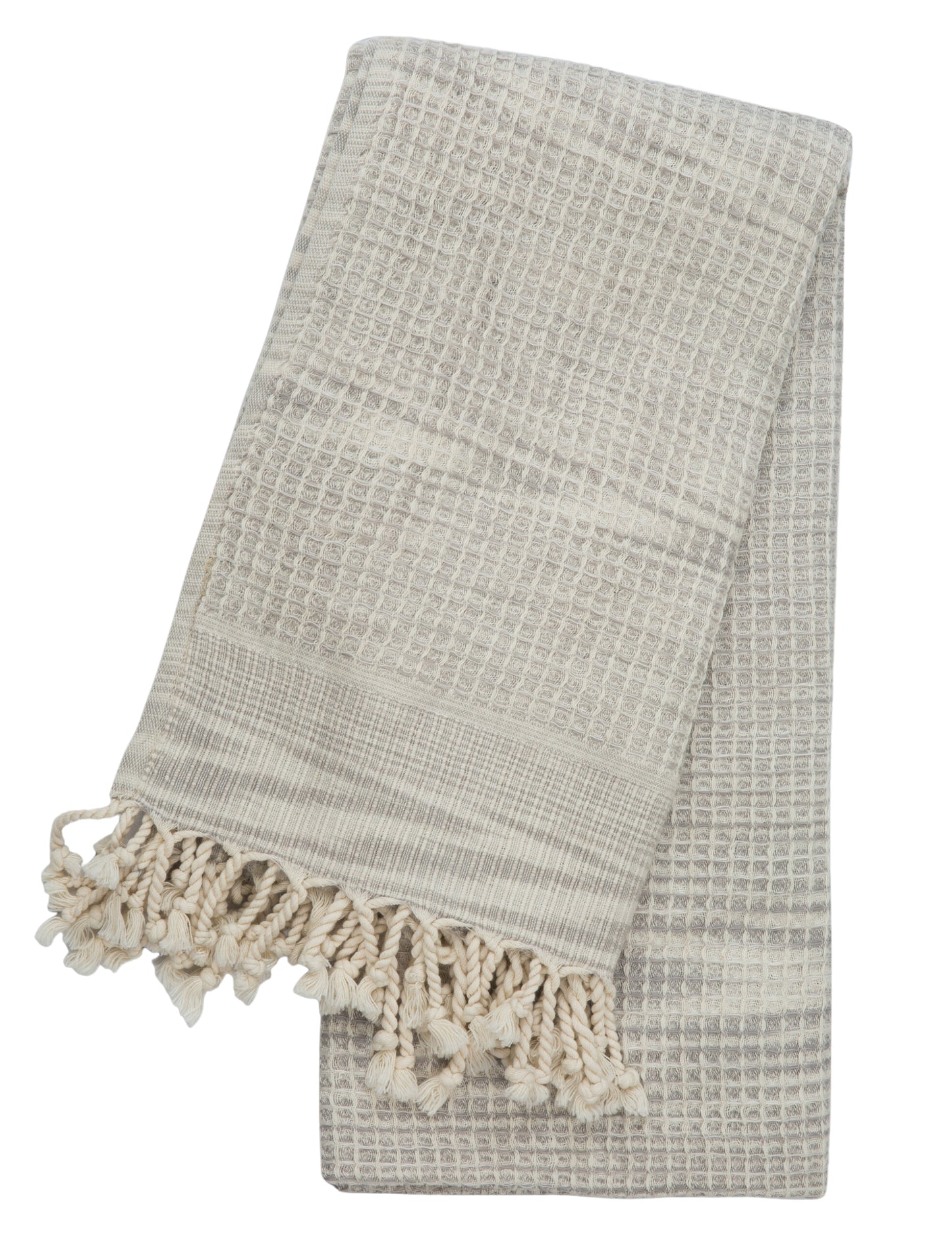 Lara waffle weave gray hammam towel with tassels, perfect as a peshtemal or beach towel, known for its softness and absorbency.