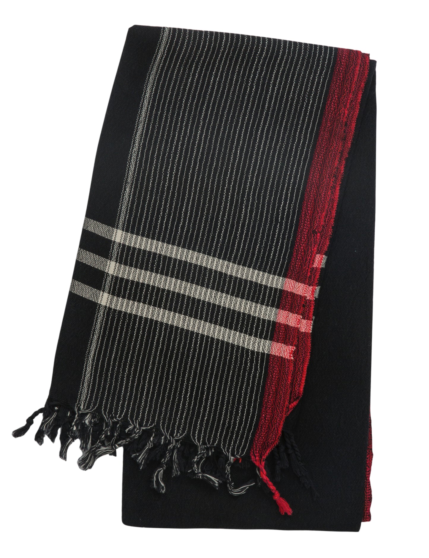 Black hammam towel with red borders lengthwise