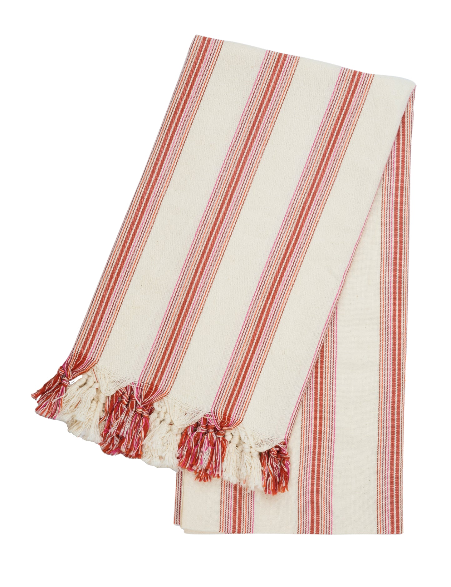 Ruby handwoven hammam towel with red stripes, crafted by artisans from soft cotton, perfect as peshtemal or beach towel.